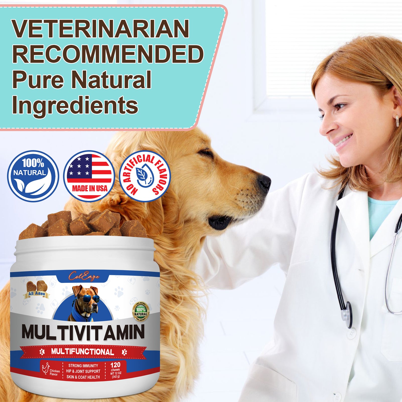 ColEaze Multivitamin Dog Supplement with Glucosamine, Probiotics, Fish Oil - Supports Joint Health, Allergy Relief and Digestive Function