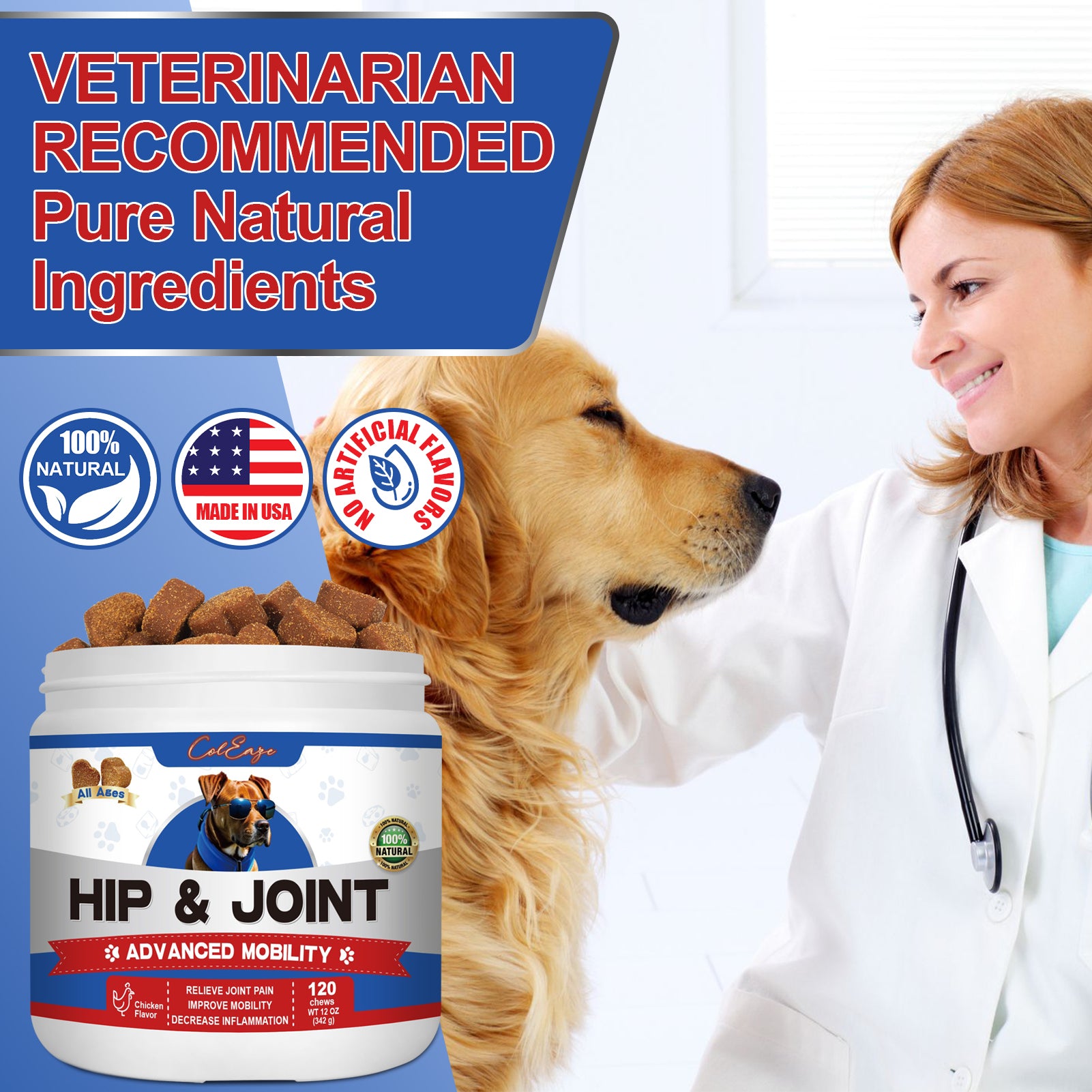 ColEaze Joint Supplement for Dogs, Glucosamine Chondroitin for Dogs Joint Pain Relief,with MSM Reduce Inflammation, Hip & Joint Care - Chicken Flavor - 90 Ct