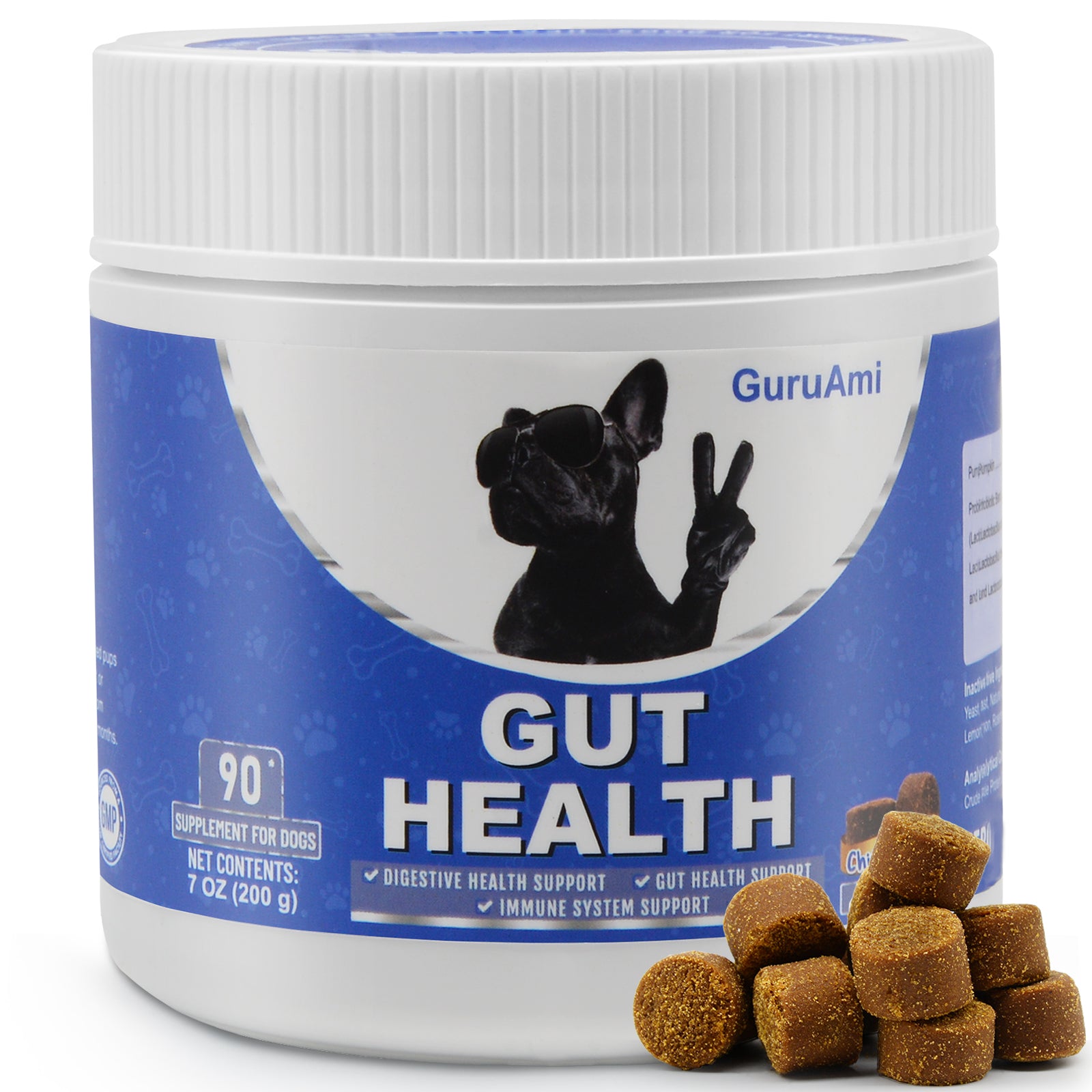 GuruAmi Dog Probiotics,Digestive Enzymes,Gut Health Chews for Digestion, Allergy Yeast, Itchy Skin- Prebiotics Fiber Supplement,Diarrhea Constipation Gas Upset Stomach Relief Treats 90 ct