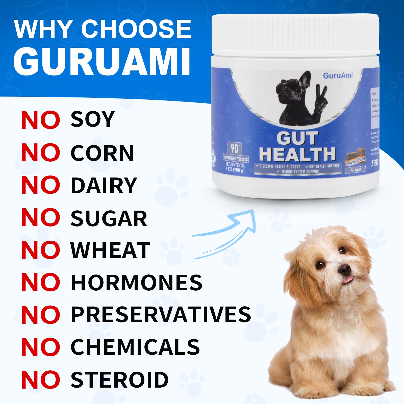 GuruAmi Dog Probiotics,Digestive Enzymes,Gut Health Chews for Digestion, Allergy Yeast, Itchy Skin- Prebiotics Fiber Supplement,Diarrhea Constipation Gas Upset Stomach Relief Treats 90 ct