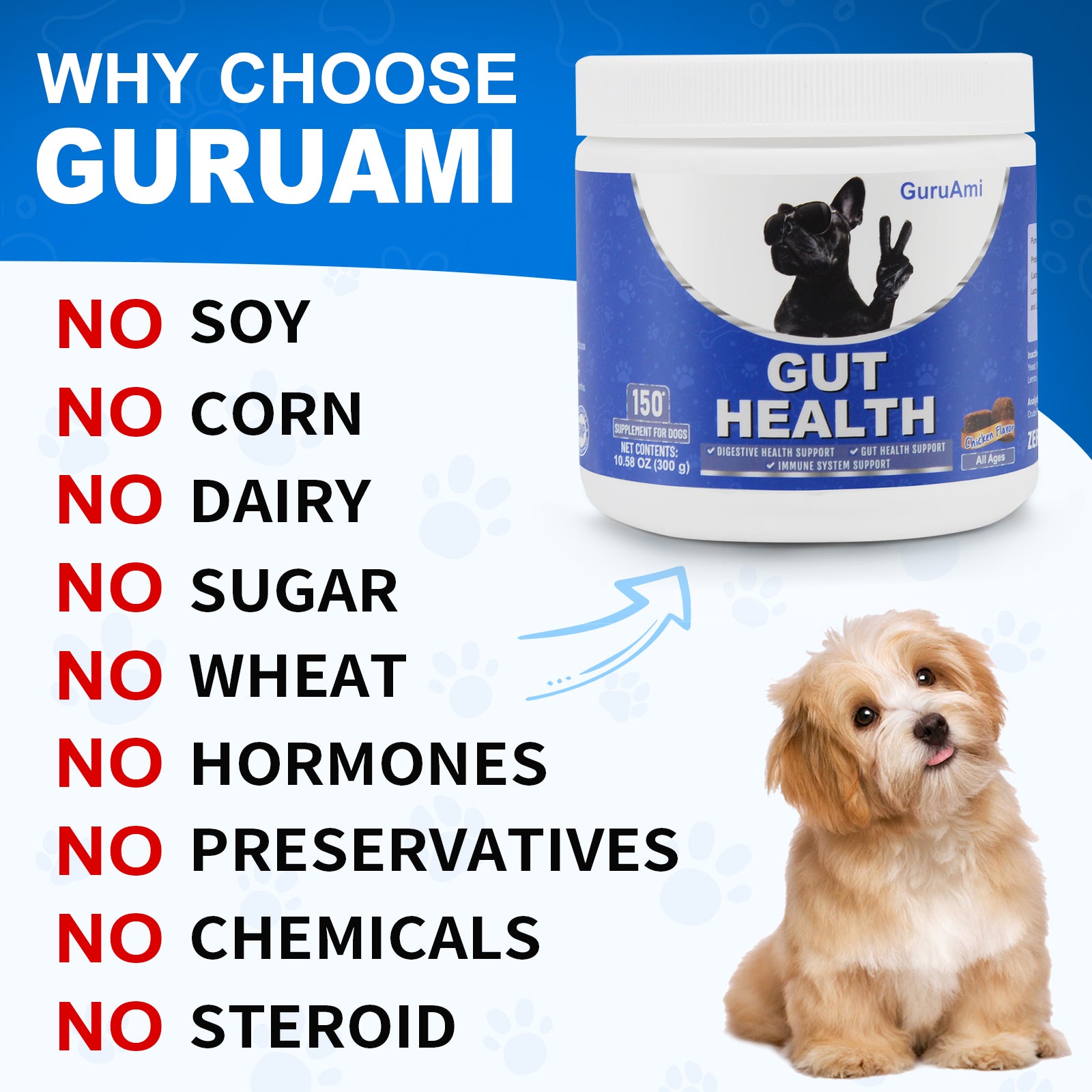 GuruAmi Dog Probiotics,Digestive Enzymes,Gut Health Chews for Digestion, Allergy Yeast, Itchy Skin- Prebiotics Fiber Supplement,Diarrhea Constipation Gas Upset Stomach Relief Treats 150 ct