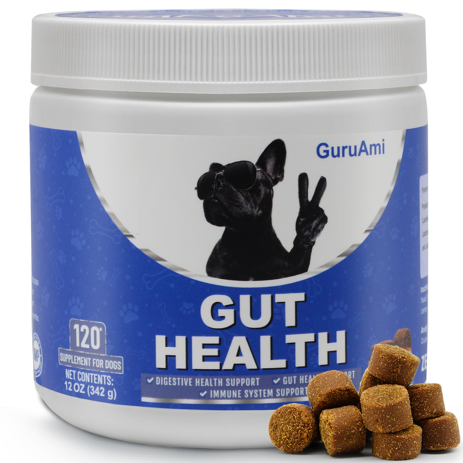 GuruAmi Dog Probiotics,Digestive Enzymes,Gut Health Chews for Digestion, Allergy Yeast, Itchy Skin- Prebiotics Fiber Supplement,Diarrhea Constipation Gas Upset Stomach Relief Treats 120 ct