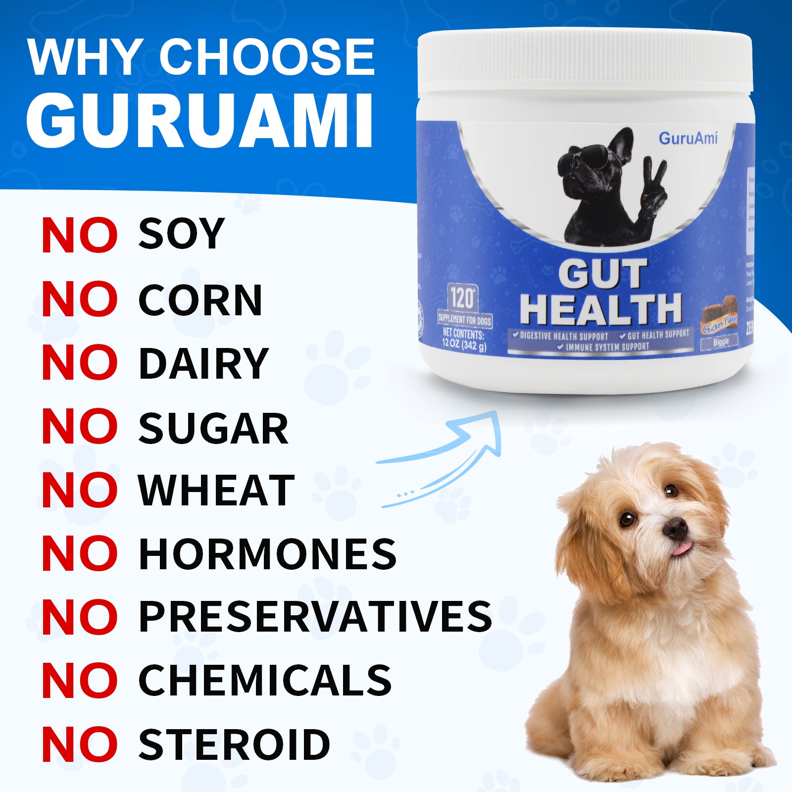 GuruAmi Dog Probiotics,Digestive Enzymes,Gut Health Chews for Digestion, Allergy Yeast, Itchy Skin- Prebiotics Fiber Supplement,Diarrhea Constipation Gas Upset Stomach Relief Treats 120 ct