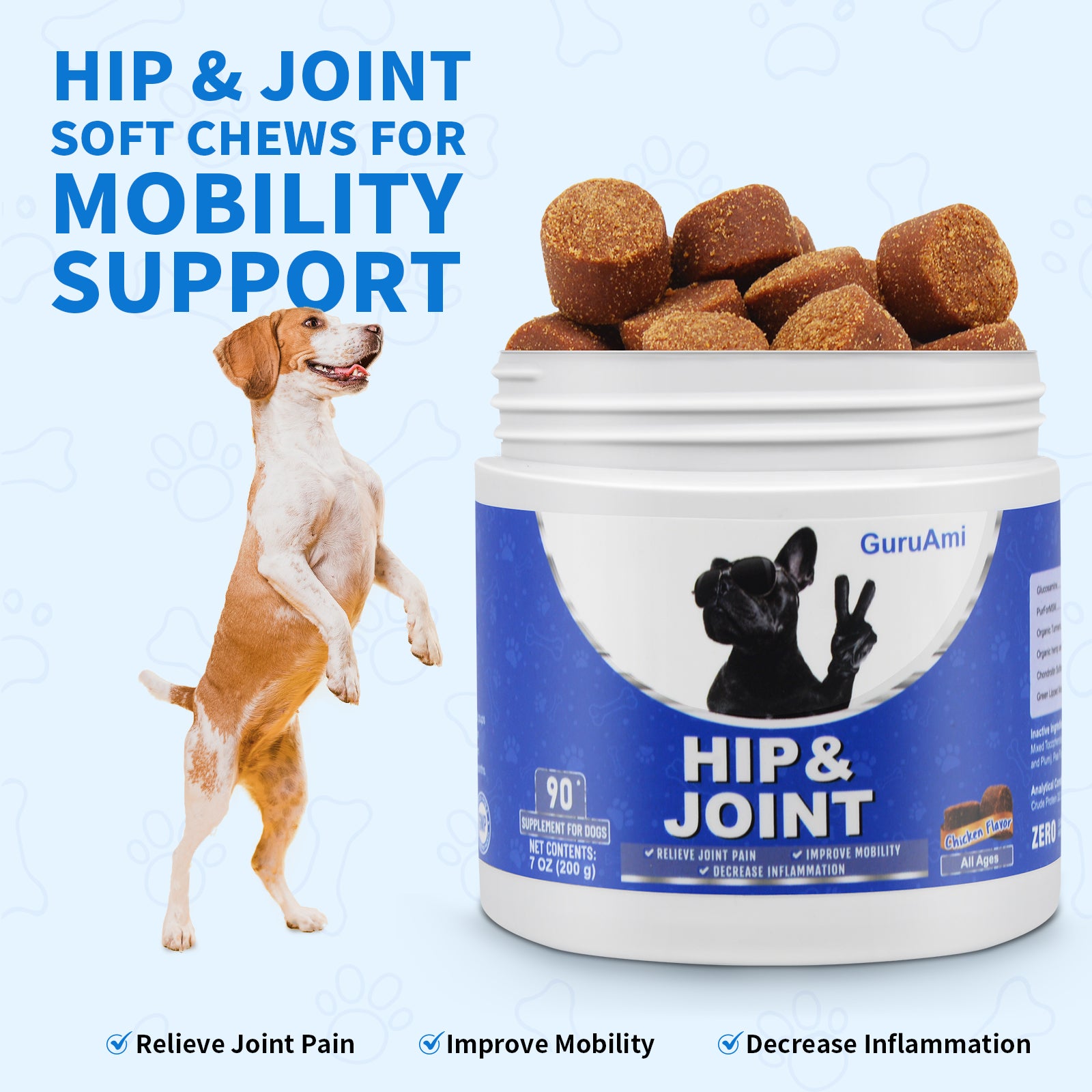 GuruAmi Joint Supplement for Dogs, Glucosamine Chondroitin for Dogs Joint Pain Relief, MSM - Advanced Mobility Chews Reduce Inflammation, Hip & Joint Care -(90 Count, Chicken Liver)