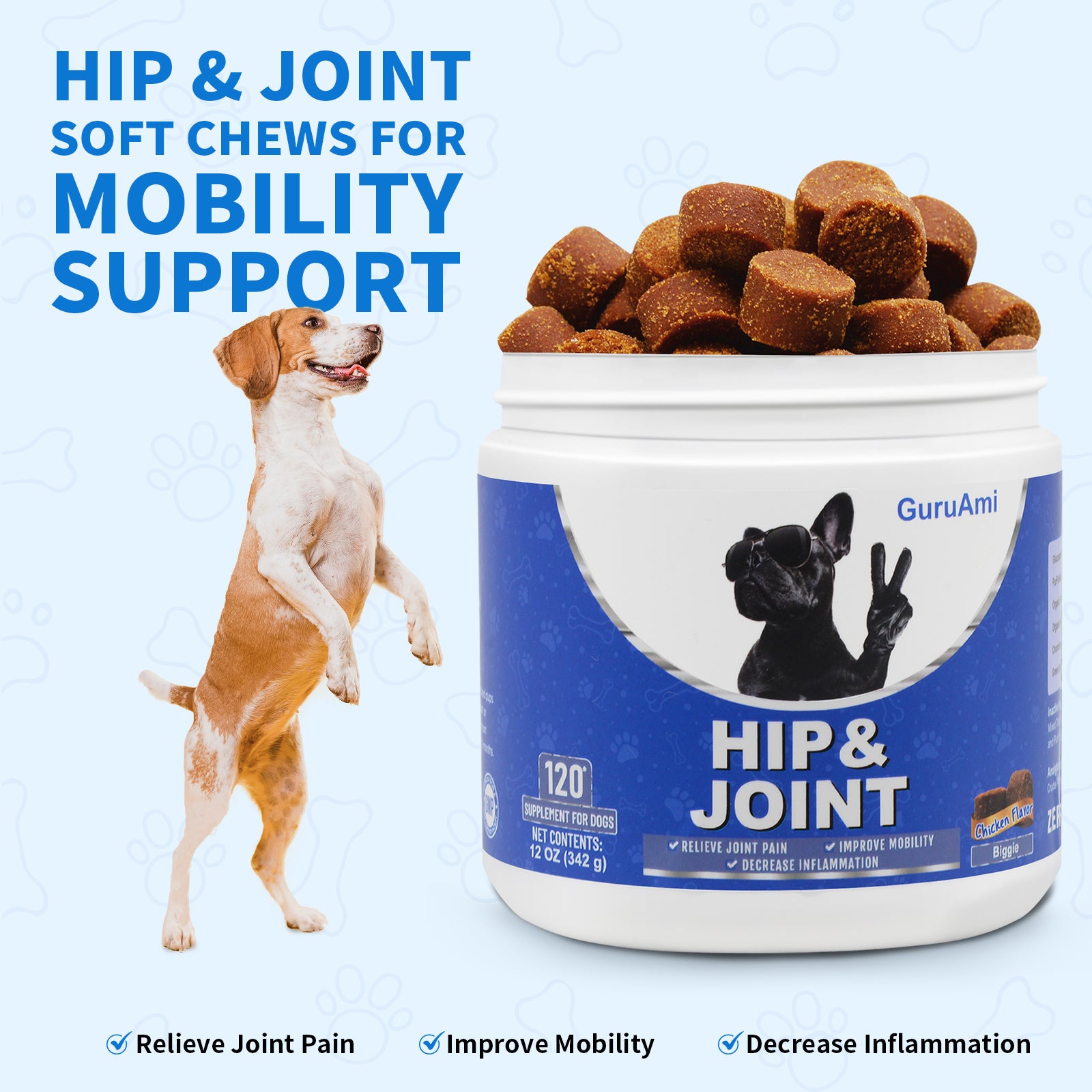 GuruAmiJoint Supplement for Dogs, Glucosamine Chondroitin for Dogs Joint Pain Relief, MSM - Advanced Mobility Chews Reduce Inflammation, Hip & Joint Care -(120 Count, Chicken Liver)