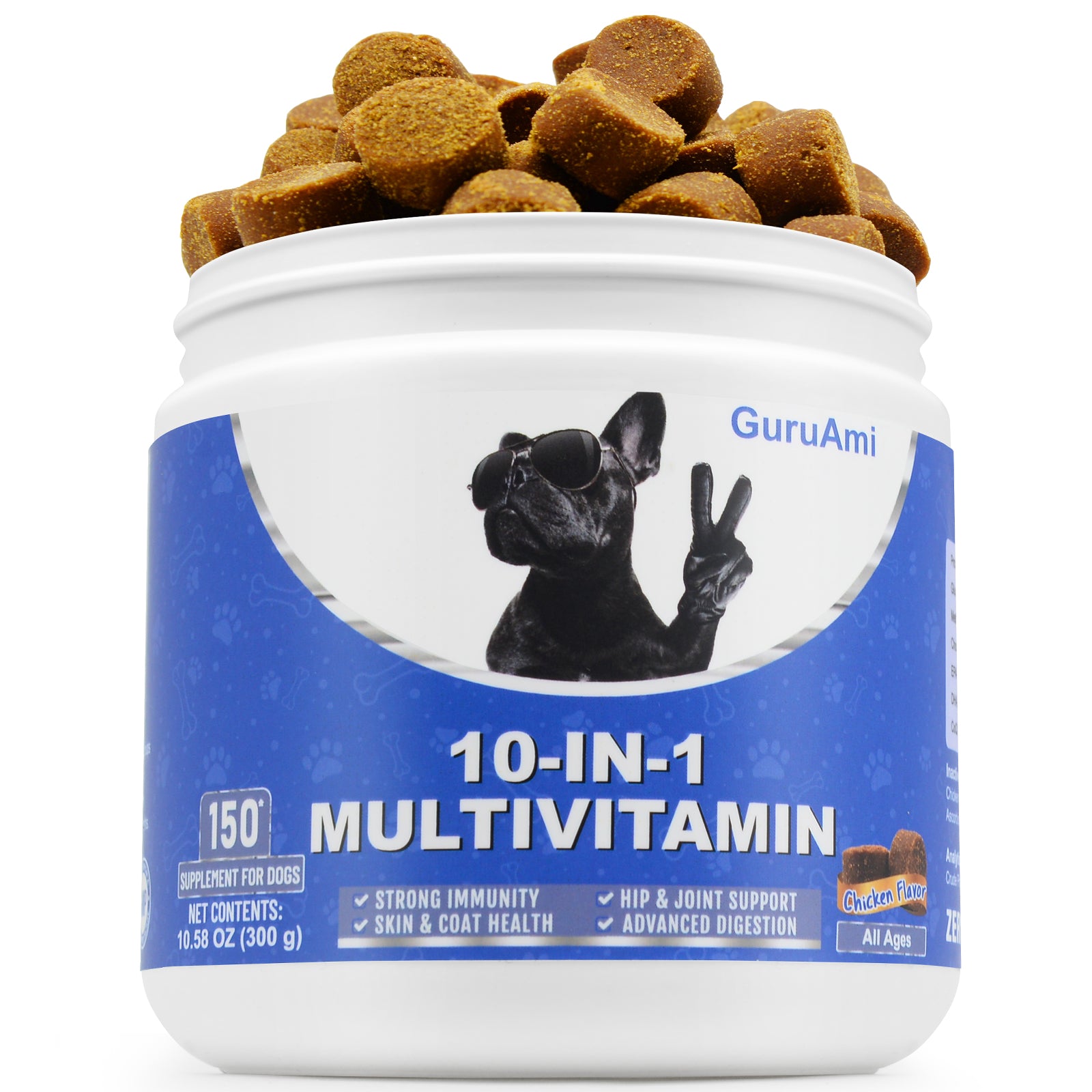 GuruAmi Dog Multivitamin Dog Supplement, Glucosamine chondroitin for Dogs, Probiotics, Omega Fish Oil, Dog Supplements & Vitamins, Dog Vitamins for Skin and Coat Allergies 150chews