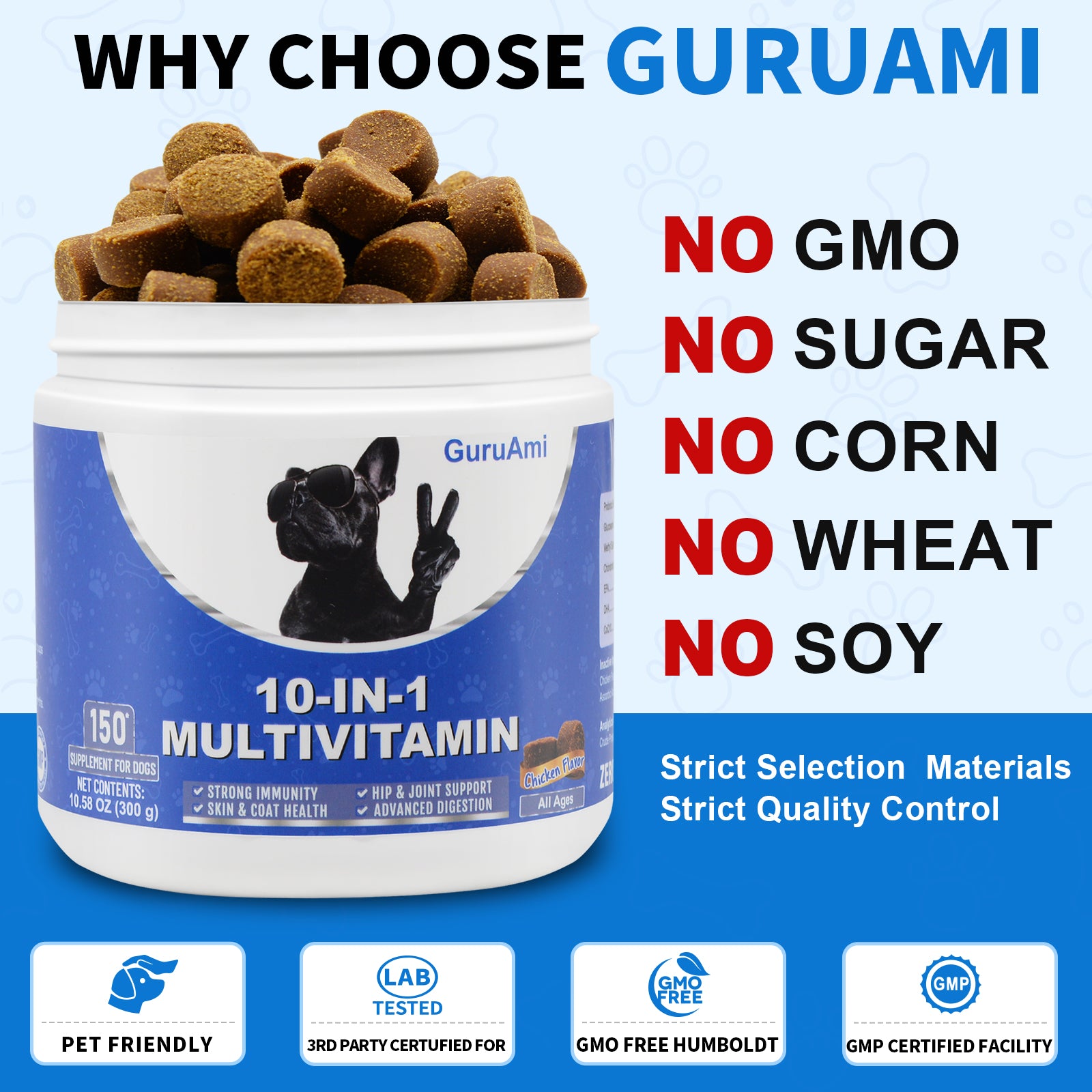 GuruAmi Dog Multivitamin Dog Supplement, Glucosamine chondroitin for Dogs, Probiotics, Omega Fish Oil, Dog Supplements & Vitamins, Dog Vitamins for Skin and Coat Allergies 150chews